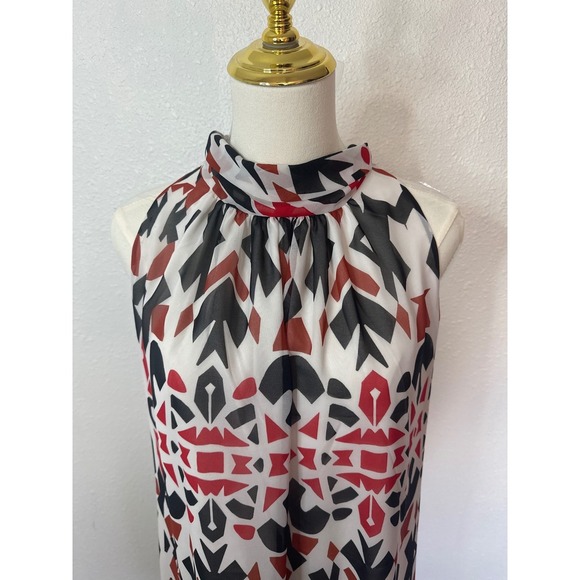 Abstract Print Halter Shift Neck Wrap Lined Dress M. Eva Mendes Sheer Size Small - Picture 2 of 7